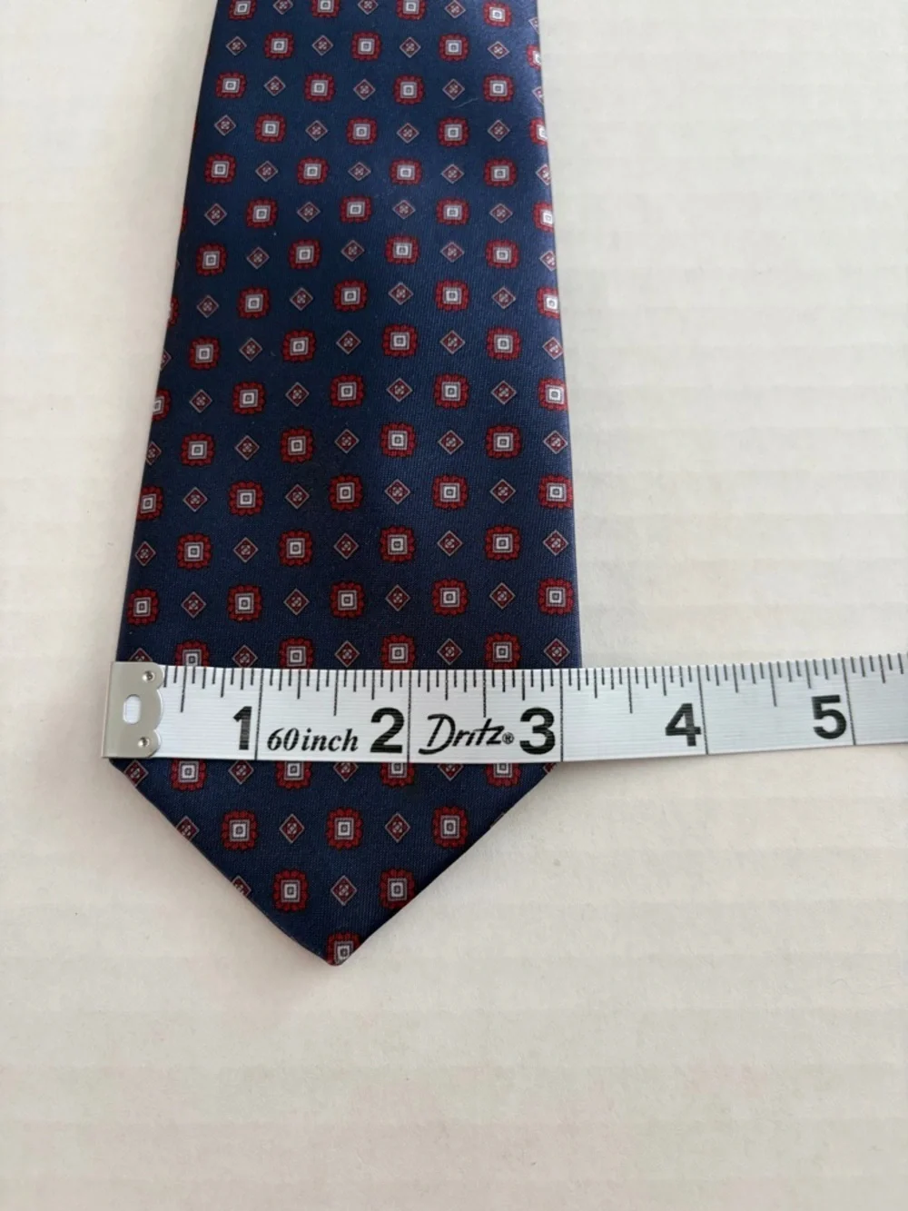 Vintage Ketch Silk Tie – Navy Blue Red Geometric Pattern
